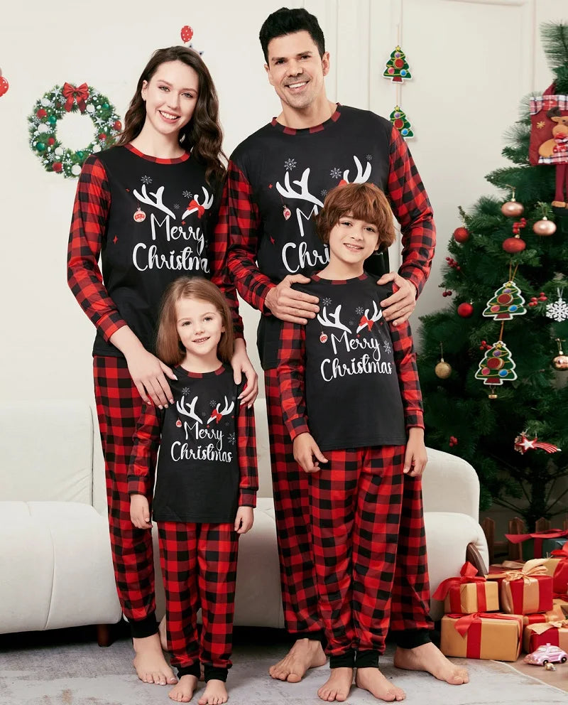Ensemble haut et pantalon Noël famille motif joyeux Noël cerf