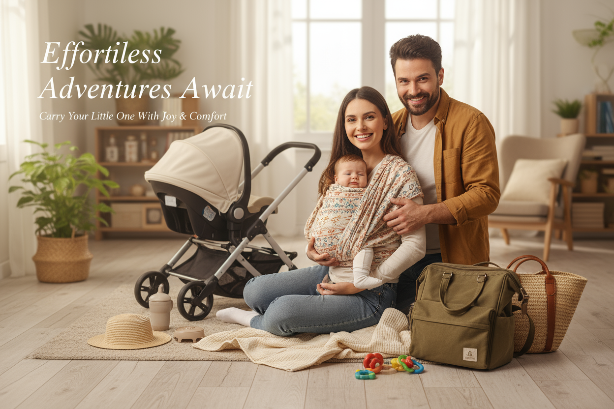 une baniere pour l'image principale avec balise ALT descriptive : parents portant un bebe en echarpe-accessoires de sortie bebe montrant parent et bebe en joie exprimant le confort absolu
